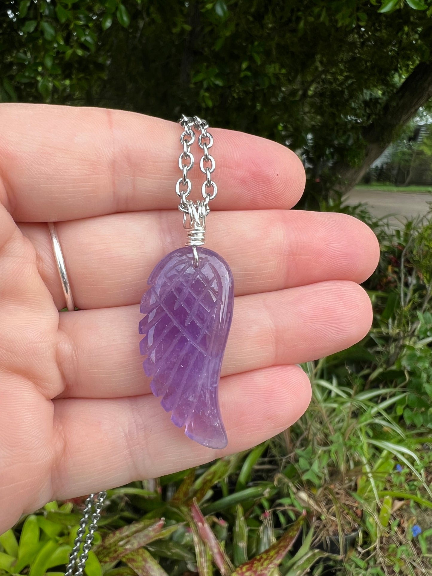 Carved Amethyst Angel Wing Pendant