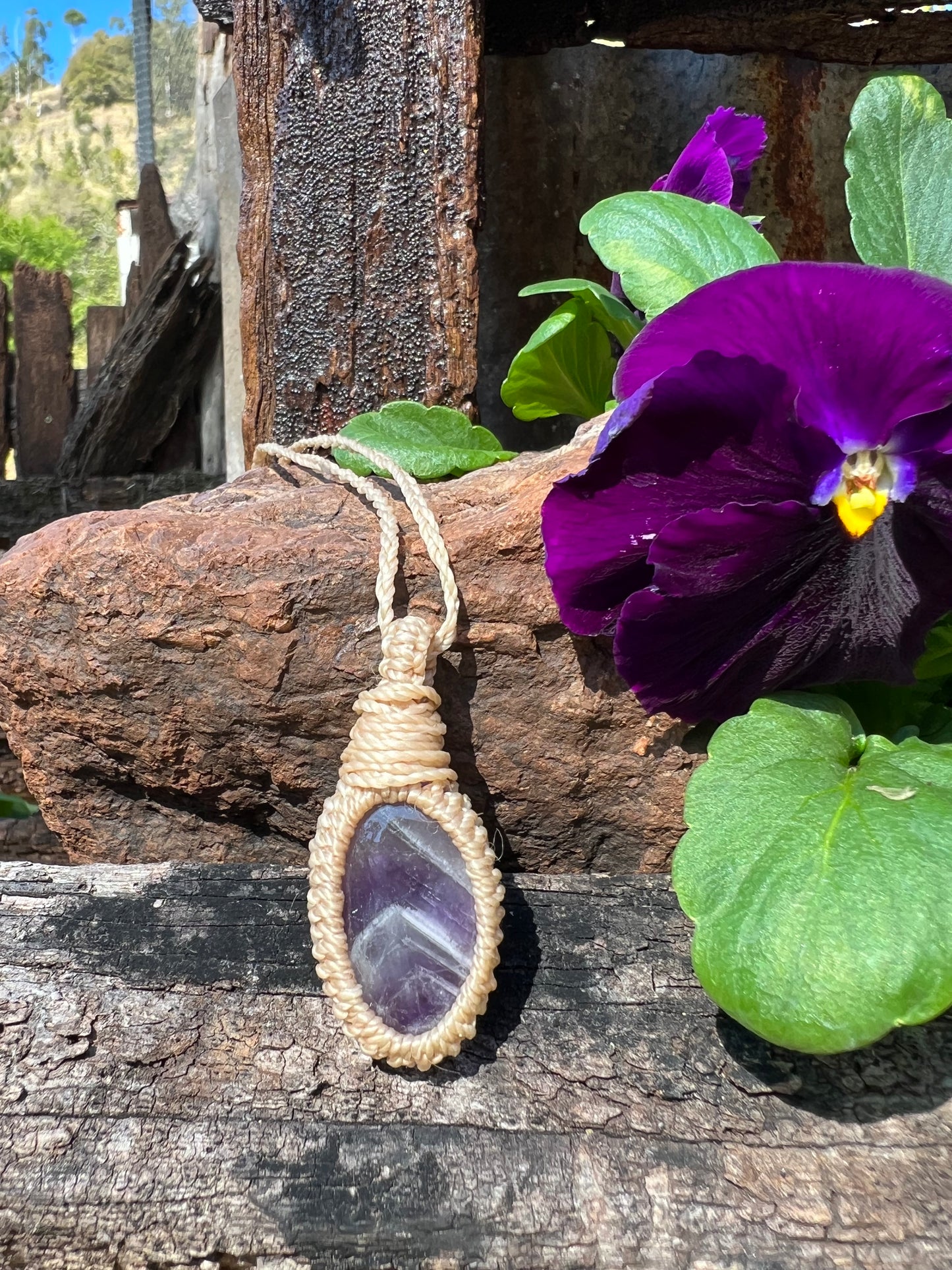Chevron Amethyst Macrame Pendant