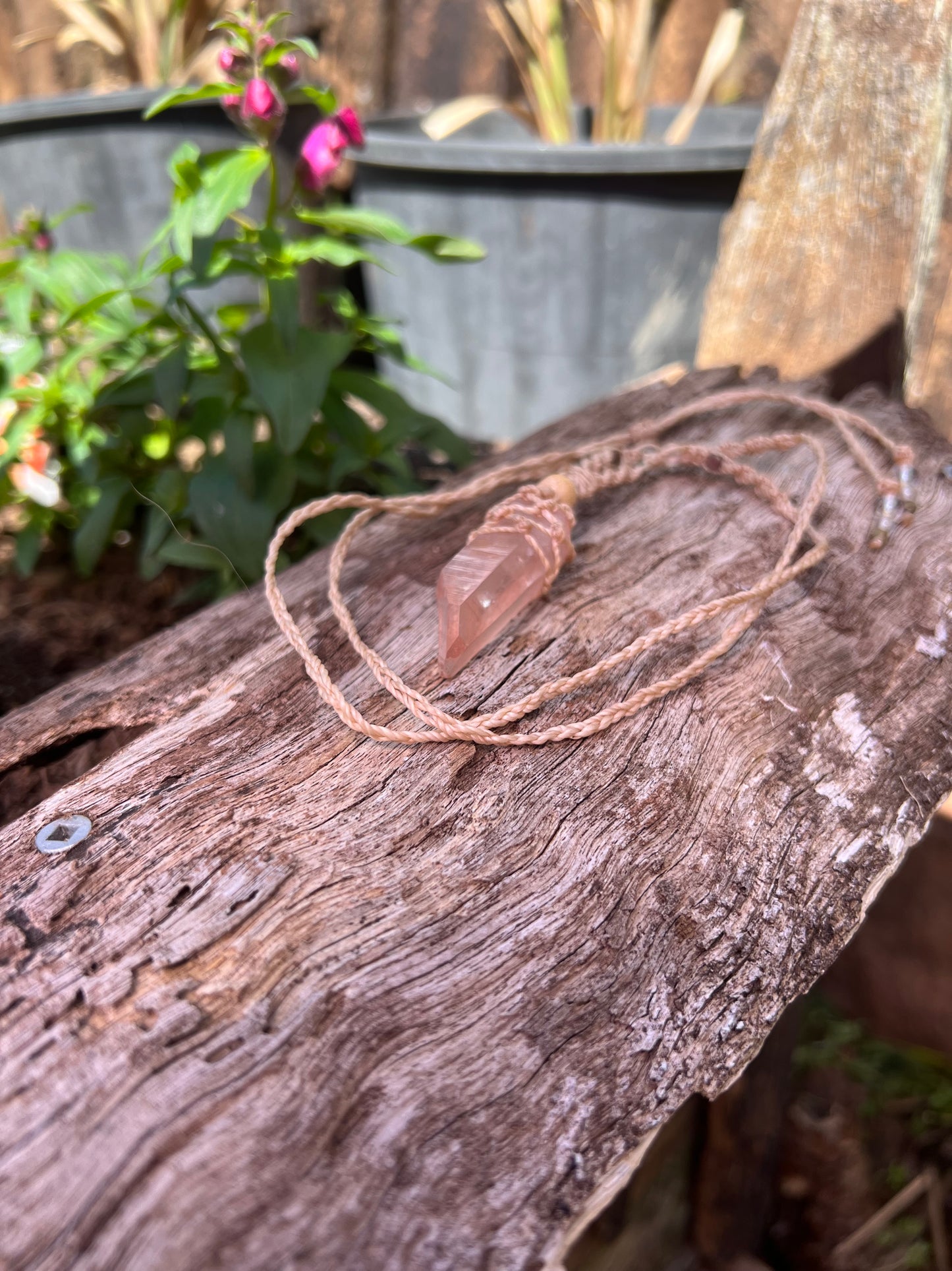 Scarlet Temple Lemurian Quartz Macrame Pendant