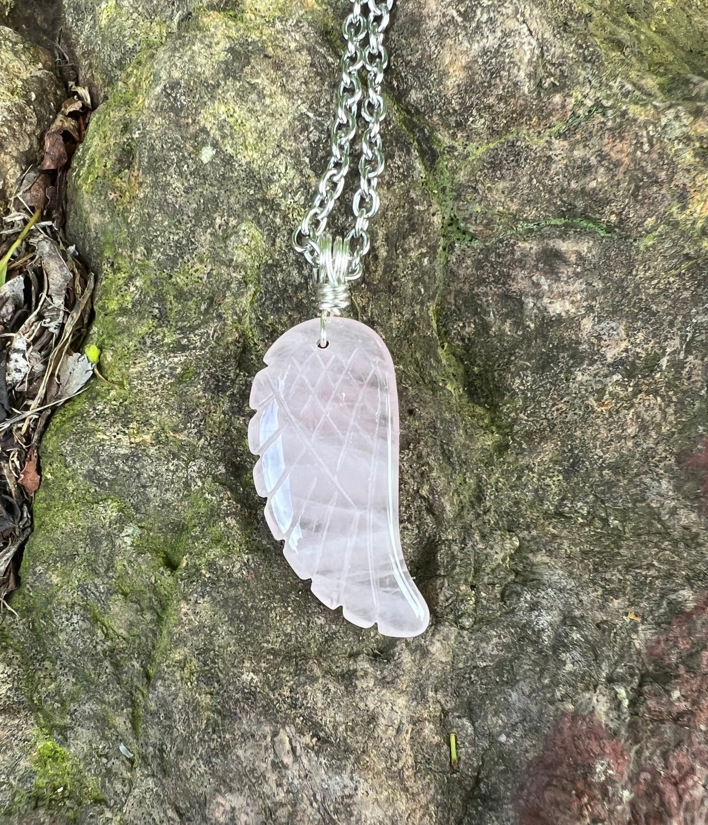 Carved Rose Quartz Angel Wing Pendant