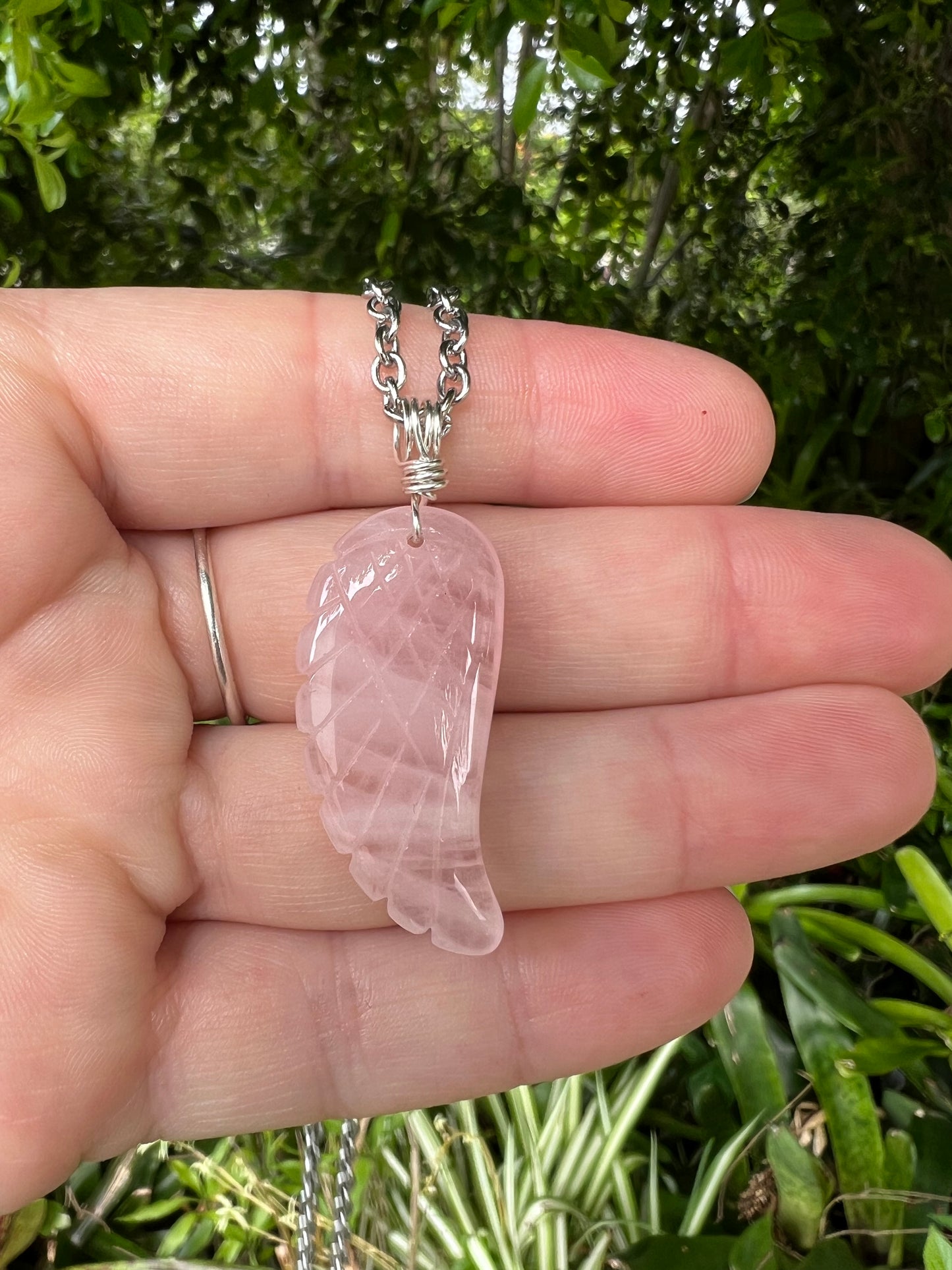 Carved Rose Quartz Angel Wing Pendant