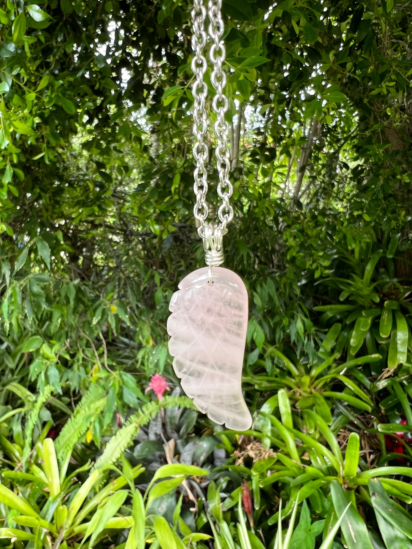 Carved Rose Quartz Angel Wing Pendant