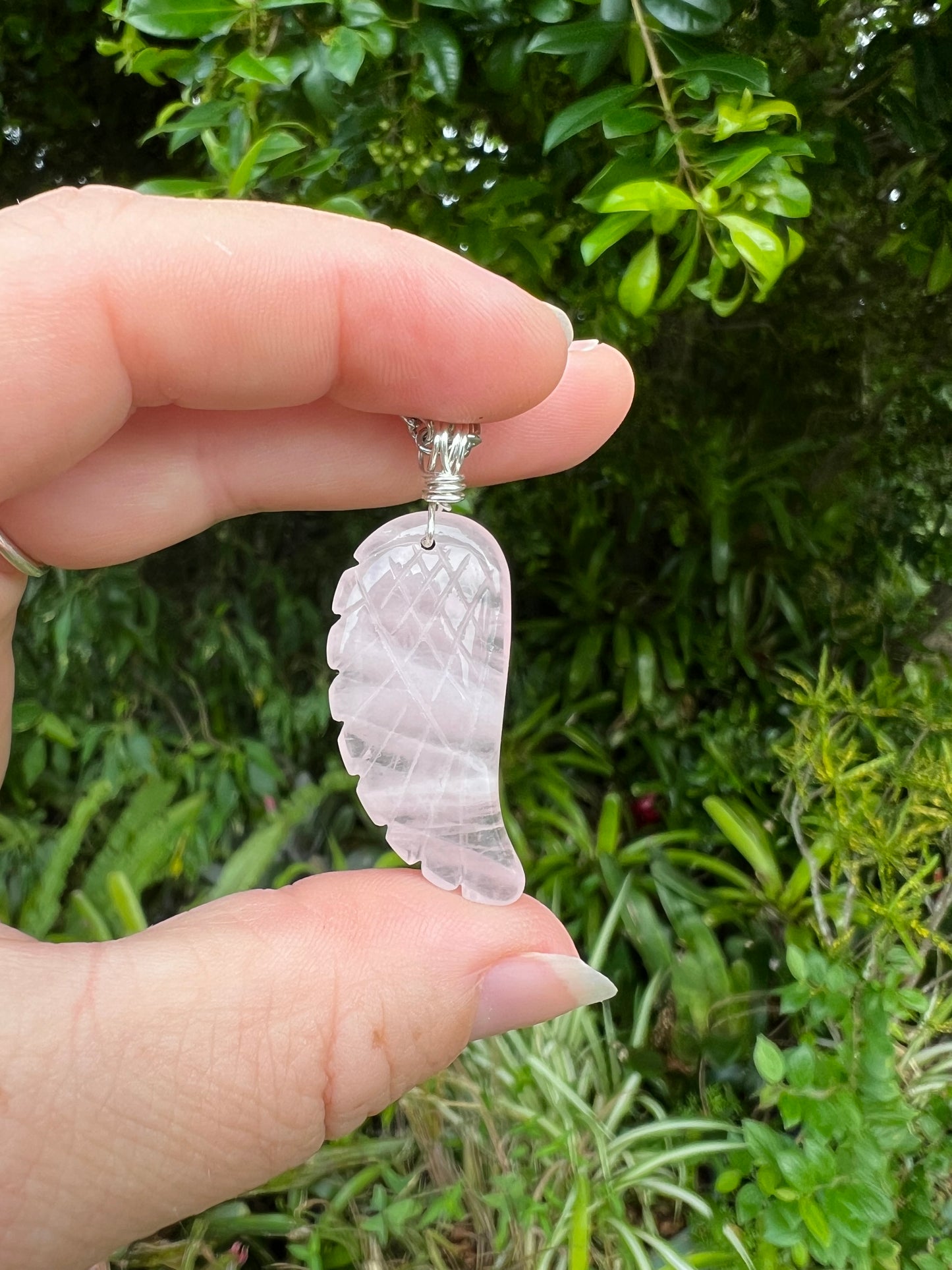Carved Rose Quartz Angel Wing Pendant