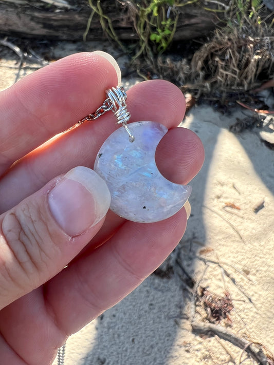 Stunning Rainbow Moonstone Moon Pendant
