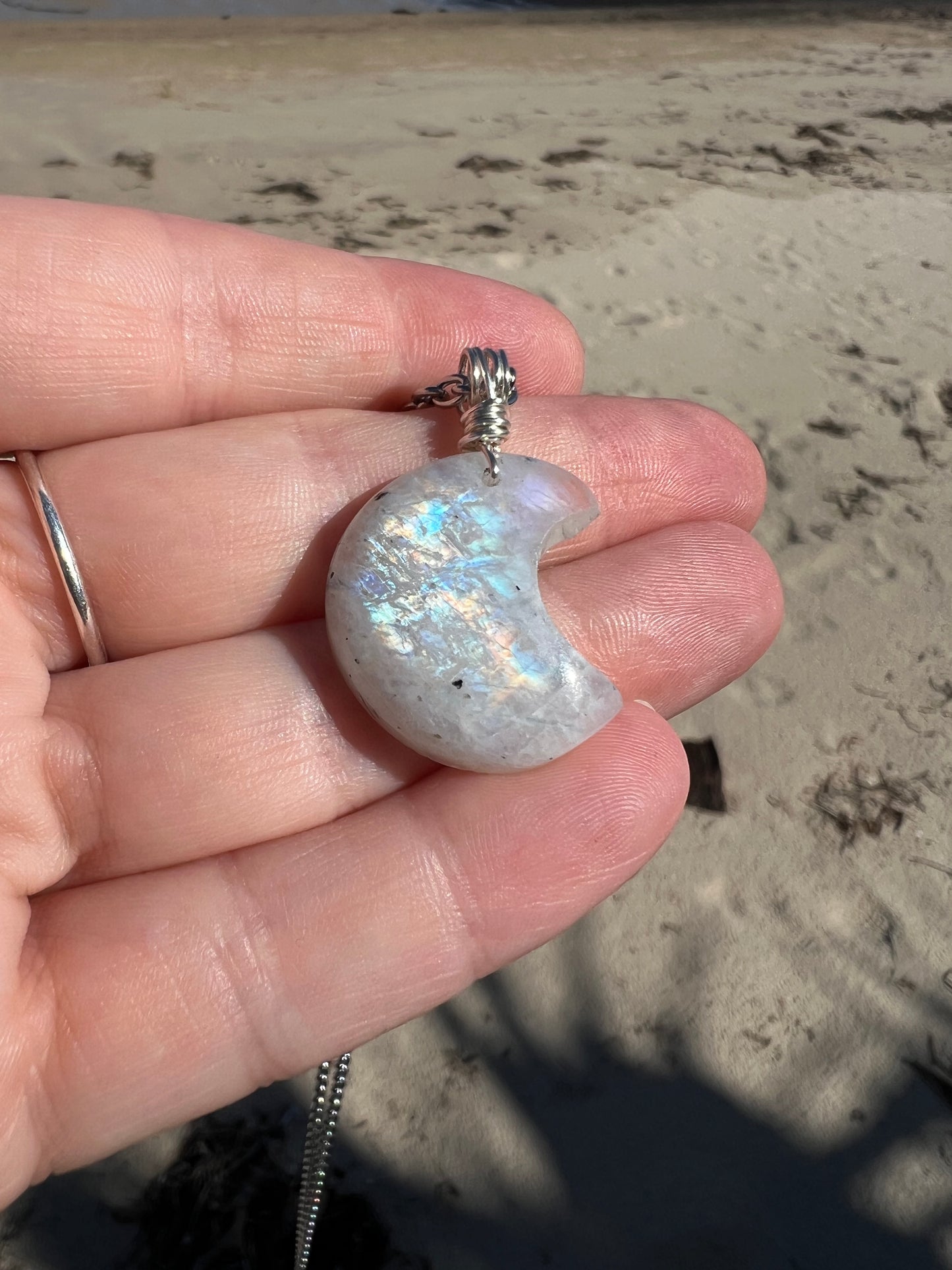 Stunning Rainbow Moonstone Moon Pendant